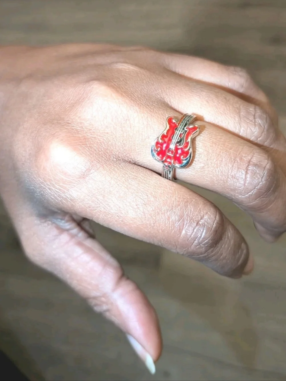 Elvis Inspired Silver Plated Guitar Red Enamel   Unisex Intricate Detailed Ring
